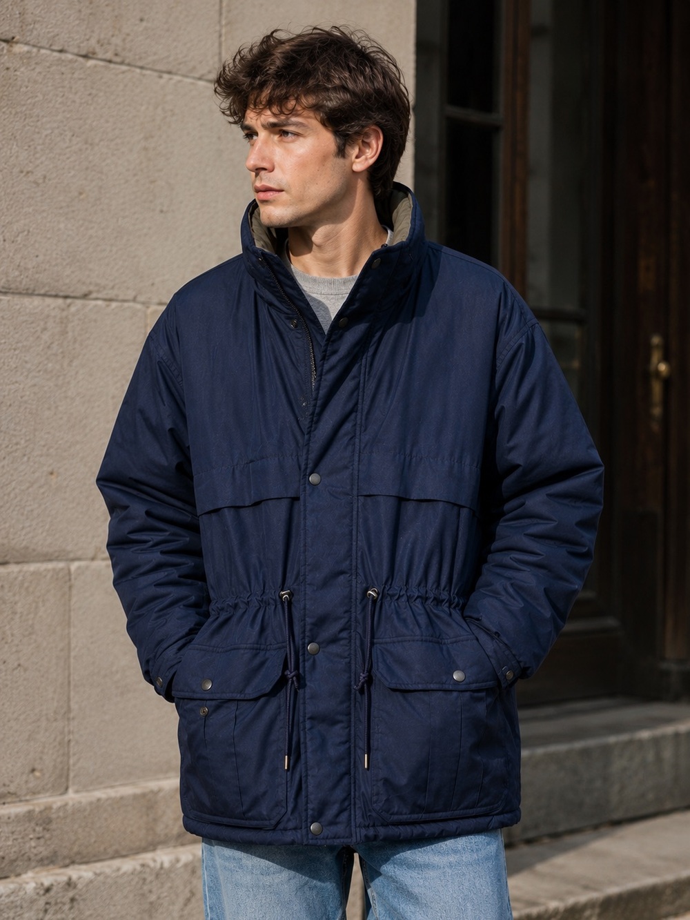 Trader Bay Insulated Parka Jacket Navy Blue Hooded Men’s Medium‎